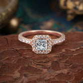 Princess Cut  Lab Diamond Engagement Ring Halo Half Eternity Pave Band